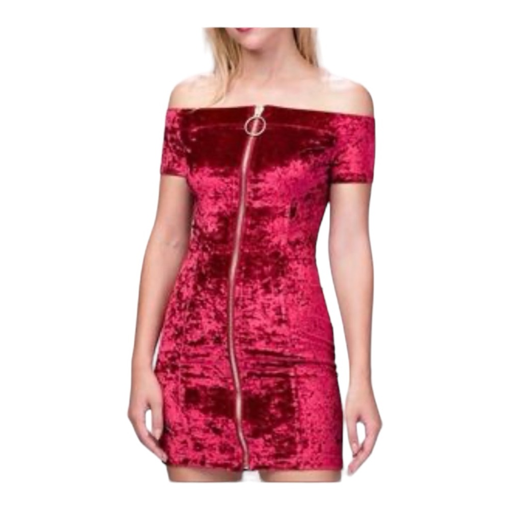 women's Essue Velvet Front Full Zip Short Sleeves Stretch Medium Mini Dress